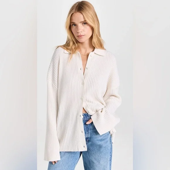 NEW Reformation Fantino Cashmere Collared Cardigan In Gossamer Size XL - Picture 5 of 17